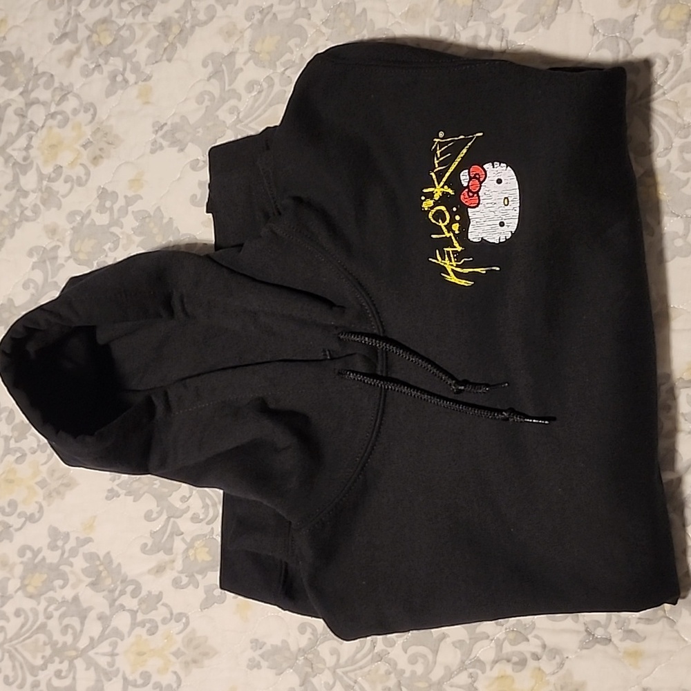 Sanrio Hello Kitty black hoodie rock and roll with guitar & skulls
